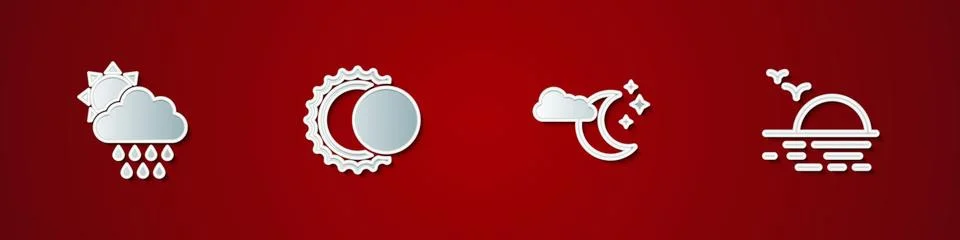 Set Cloud with rain and sun, Eclipse of the, moon stars and Sunset icon. Vector Illustrazione stock