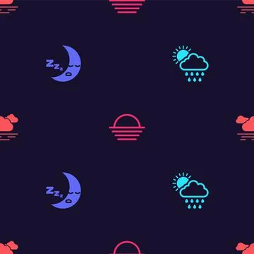 Set Cloud with rain and sun, Moon icon, Sunset and on seamless pattern. Vector 스톡 일러스트