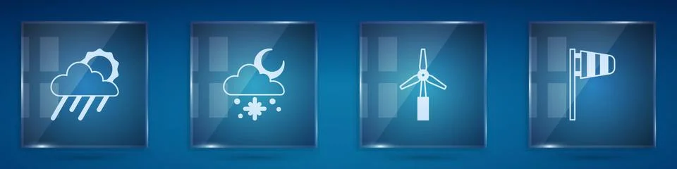 Set Cloud with rain and sun, snow, Wind turbine and Cone windsock wind vane Stock Illustration