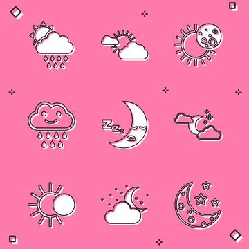 Set Cloud with rain and sun, Sun cloud weather, Eclipse of, Moon icon, moon 스톡 일러스트