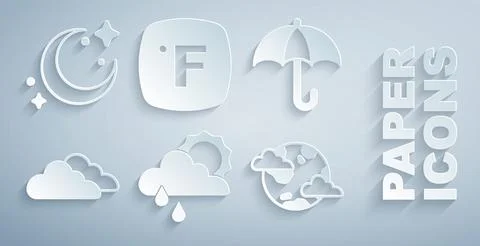 Set Cloud with rain and sun, Umbrella, Earth planet clouds, Fahrenheit and Moon Ilustração Stock
