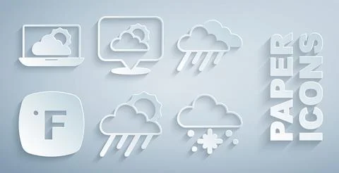 Set Cloud with rain and sun, Fahrenheit, snow, Location cloud and Weather Stock Illustration