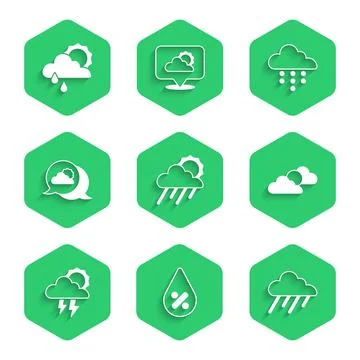 Set Cloud with rain and sun, Water drop percentage, Sun cloud weather, Storm Illustrazione stock