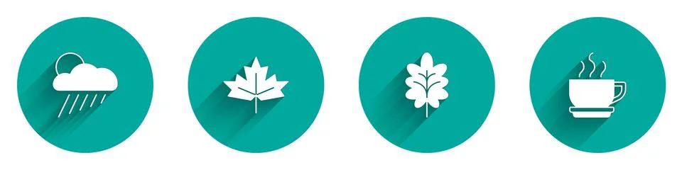 Set Cloud with rain and sun, Canadian maple leaf, Leaf and Coffee cup icon with Stock Illustration