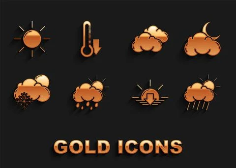 Set Cloud with rain and sun, moon stars, Sunset, snow, and Thermometer icon Illustrazione stock