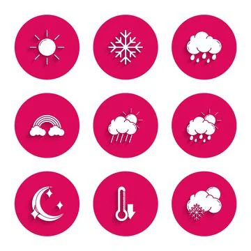 Set Cloud with rain and sun, Thermometer, snow, Moon stars, Rainbow clouds, and Ilustração Stock