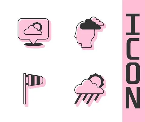 Set Cloud with rain and sun, Location cloud, Cone windsock wind vane and Man Illustrazione stock