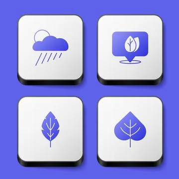 Set Cloud with rain and sun, Location leaf, Leaf and  icon. White square butt Stockillustratie