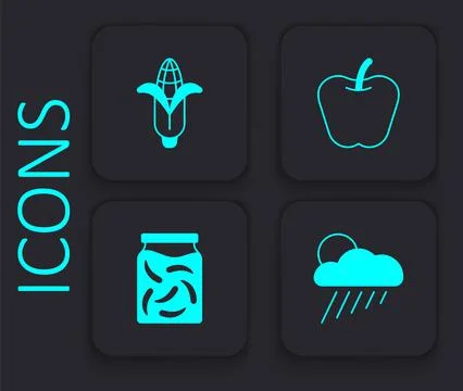 Set Cloud with rain and sun, Corn, Apple and Pickled cucumbers jar icon. Blac Stock Illustration