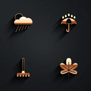 Set Cloud with rain and sun, Umbrella drops, Garden rake and Chestnut leaf icon Stockillustratie
