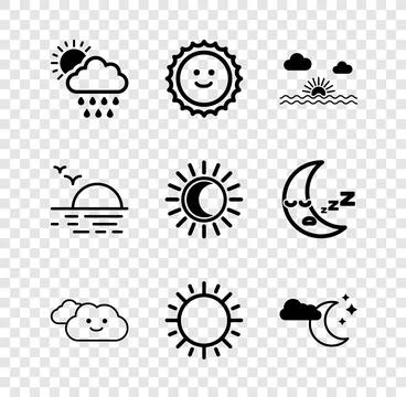 Set Cloud with rain and sun, Sun, Sunset, moon stars,  and Eclipse of the i.. Ilustração Stock