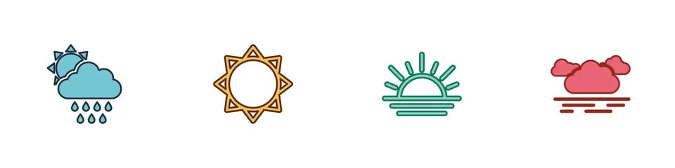 Set Cloud with rain and sun, Sun, Sunset and  icon. Vector Stock Illustration