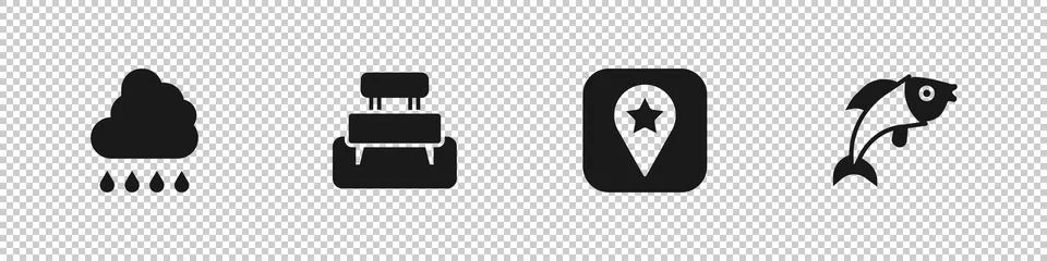 Set Cloud with rain, Bench, Location for camping and Fish icon. Vector Illustrazione stock