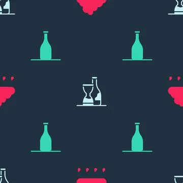 Set Cloud with rain, Bottle of wine and on seamless pattern. Vector Illustrazione stock