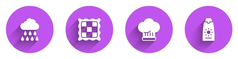 Set Cloud with rain, Checkered napkin, Chef hat and Sunscreen cream tube ic.. Stock Illustration