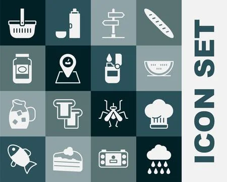 Set Cloud with rain, Chef hat, Watermelon, Road traffic sign, Picnic locati.. Stock Illustration