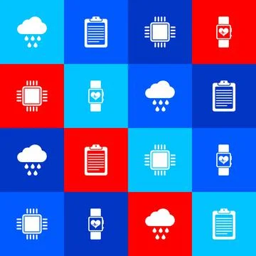 Set Cloud with rain, Clipboard document, Processor CPU and Smart watch heart Stock Illustration
