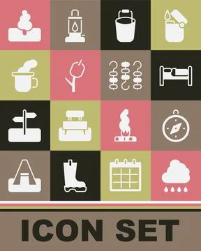 Set Cloud with rain, Compass, Bed, Bucket, Marshmallow on stick, Cup of tea Illustration