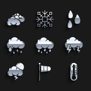 Set Cloud with rain, Cone meteorology windsock wind vane, Thermometer, Storm Stock Illustration