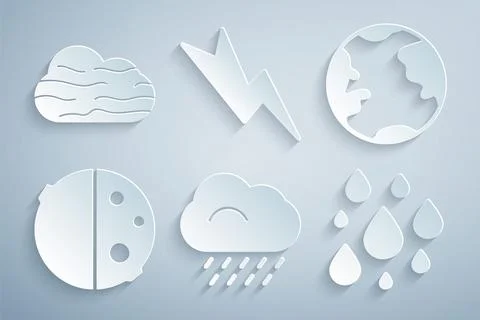 Set Cloud with rain, Earth globe, Eclipse of the sun, Water drop, Lightning bolt Illustrazione stock