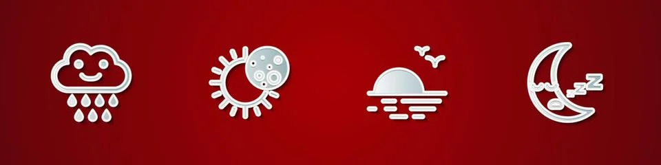 Set Cloud with rain, Eclipse of the sun, Sunset and Moon icon icon. Vector Illustrazione stock