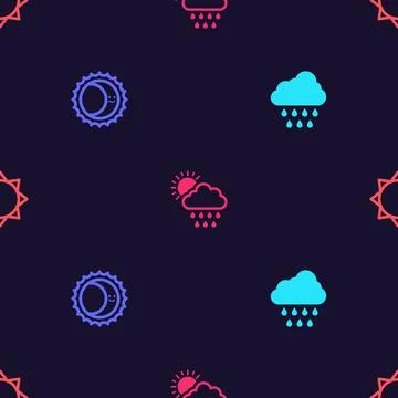 Set Cloud with rain, Eclipse of the sun, and and Sun on seamless pattern. Vector Stock Illustration