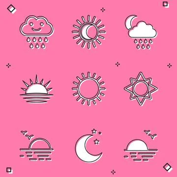 Set Cloud with rain, Eclipse of the sun, and moon, Sunset, and Moon stars icon Ilustração Stock