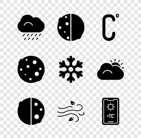 Set Cloud with rain, Eclipse of the sun, Celsius, Wind, Weather forecast, Moon Ilustração Stock