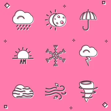 Set Cloud with rain, Eclipse of the sun, Umbrella, Sunrise, Snowflake, Storm Stock Illustration