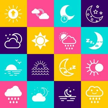 Set Cloud with rain, Eclipse of the sun, Moon icon, Sleeping moon, Sun, and.. Ilustração Stock