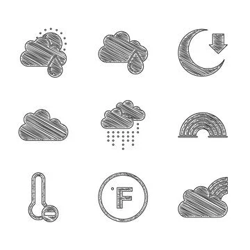 Set Cloud with rain, Fahrenheit, Rainbow clouds, Meteorology thermometer, Moon Ilustração Stock