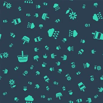 Set Cloud with rain, Flower, Picnic basket and Paper glass water on seamles.. Ilustração Stock