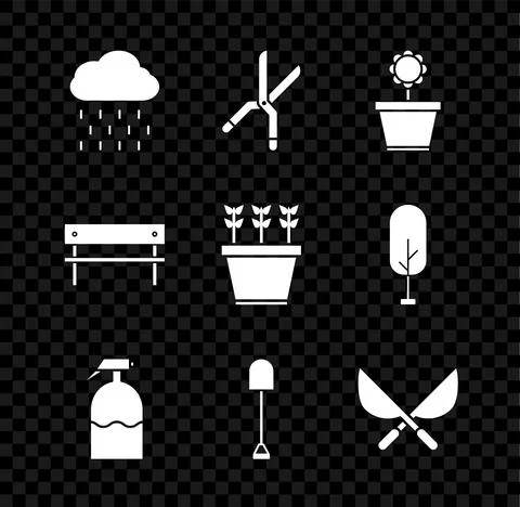 Set Cloud with rain, Gardening handmade scissors, Flower pot, sprayer, Shovel Illustration