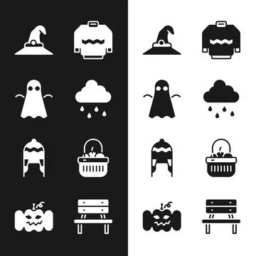 Set Cloud with rain, Ghost, Witch hat, Sweater, Winter, Basket and food, Bench イラスト素材