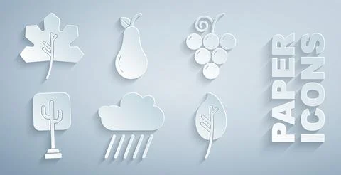 Set Cloud with rain, Grape fruit, Tree, Leaf or leaves, Pear and icon. Vector Stock Illustration