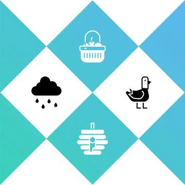 Set Cloud with rain, Hive for bees, Basket and food and Dove icon. Vector Ilustração Stock