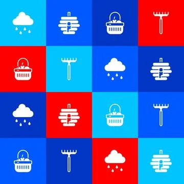 Set Cloud with rain, Hive for bees, Basket and food and Garden rake icon. Vector Ilustração Stock
