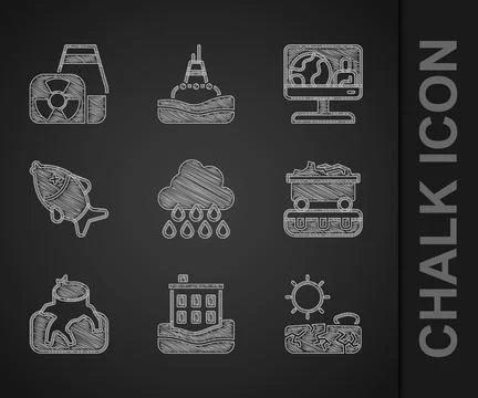 Set Cloud with rain, House flood, Drought, Coal train wagon, Deforestation, D Illustrazione stock