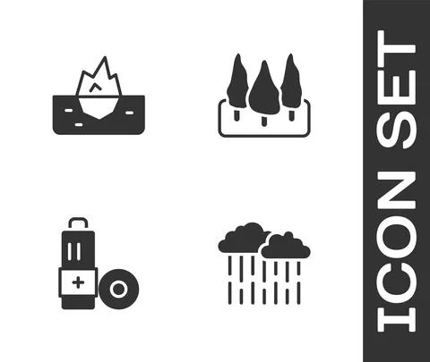 Set Cloud with rain, Iceberg, Battery and Forest icon. Vector Stock Illustration