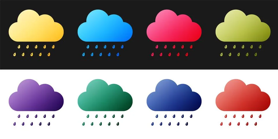 Set Cloud with rain icon isolated on black and white background. Rain nimbus Illustrazione stock