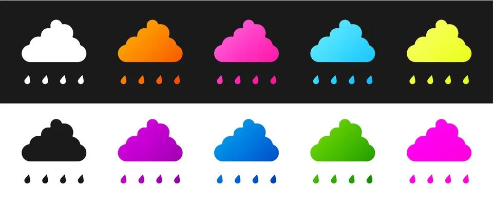 Set Cloud with rain icon isolated on black and white background. Rain cloud.. Illustrazione stock