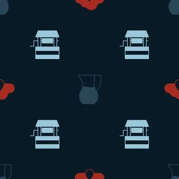 Set Cloud with rain, Jug glass water and Well on seamless pattern. Vector 스톡 일러스트