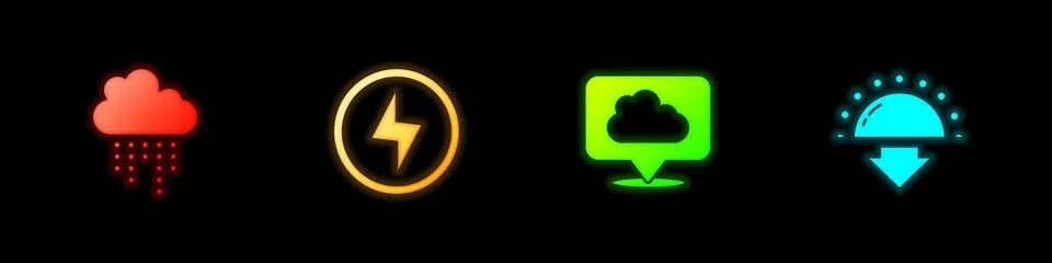 Set Cloud with rain, Lightning bolt, Location cloud and Sunset icon. Vector Illustrazione stock