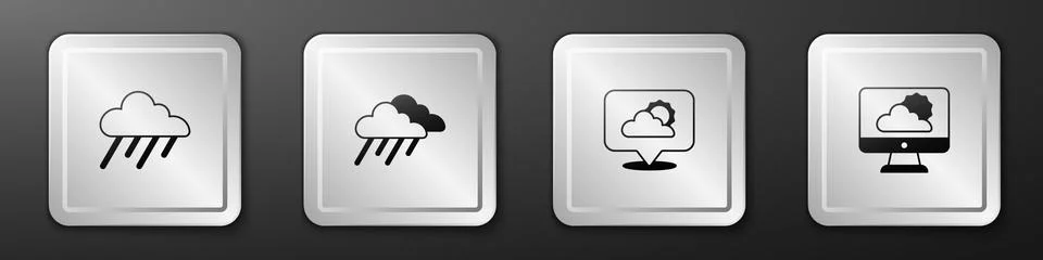 Set Cloud with rain, , Location cloud and Weather forecast icon. Silver square Stock Illustration