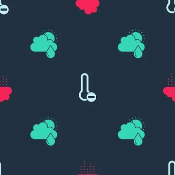 Set Cloud with rain, Meteorology thermometer and and sun on seamless pattern 스톡 일러스트