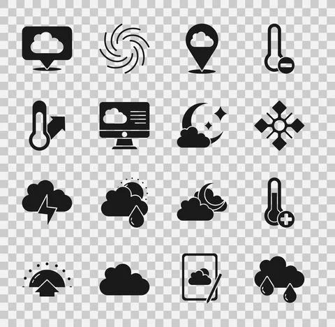 Set Cloud with rain, Meteorology thermometer, Snowflake, Location cloud, Weather Illustrazione stock