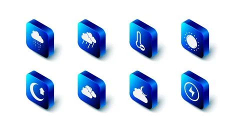 Set Cloud with rain, Meteorology thermometer, Sun, Lightning bolt, moon, and Ilustração Stock
