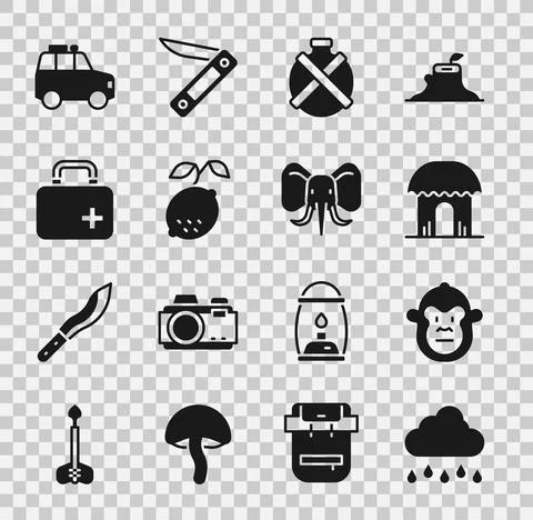 Set Cloud with rain, Monkey, African hut, Canteen water bottle, Lemon, First aid Stock-Illustration