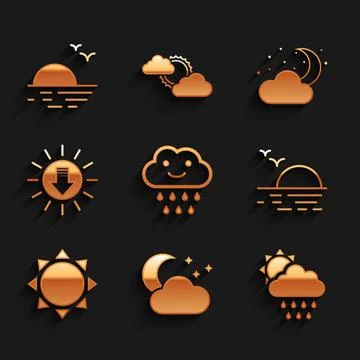 Set Cloud with rain, moon and stars, sun, Sunset, and icon. Vector Ilustração Stock