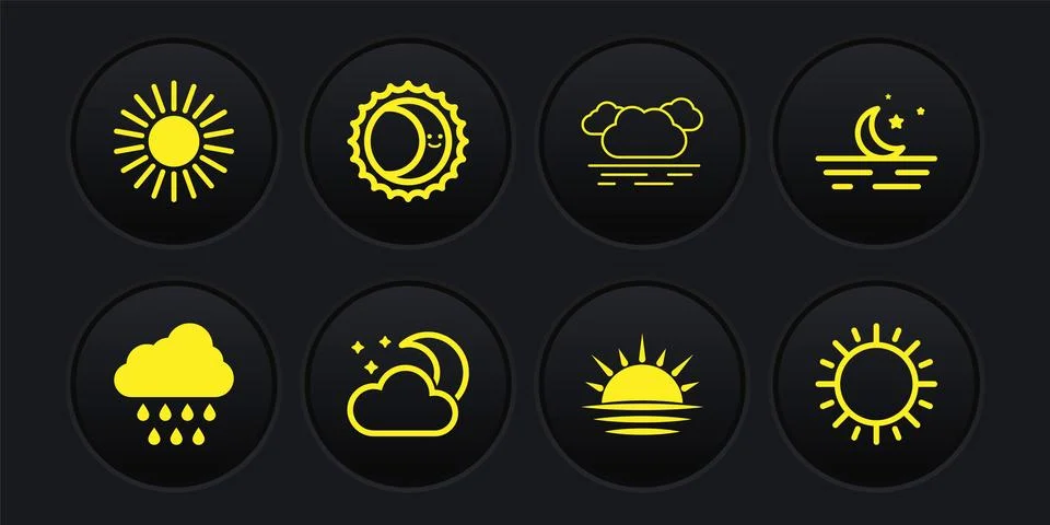 Set Cloud with rain, Moon and stars, moon, Sunset, Eclipse of the sun, and icon Ilustração Stock
